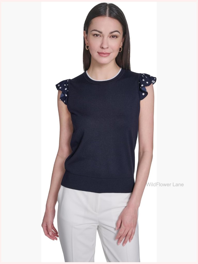 Sleeveless Flutter Sleeve Mixed Media Top With Blazer Details - Women's Tank